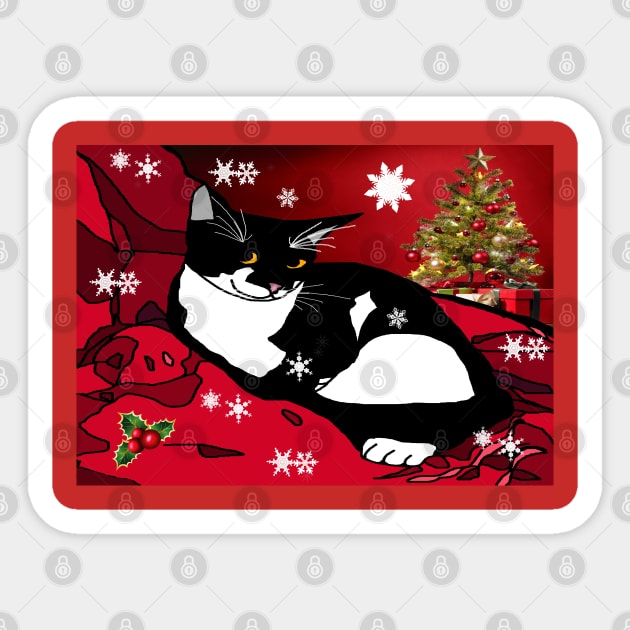Cute Tuxedo cat wishing Merry Christmas or Merry Catmas collage  Copyright TeAnne Sticker by TeAnne